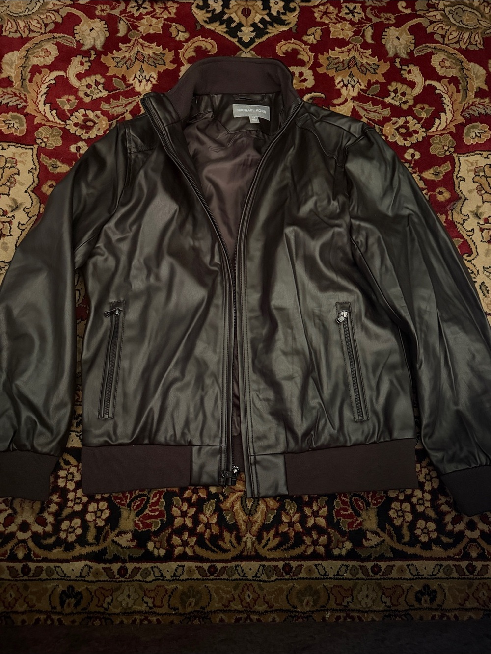 Michael kors Men's Brown Faux Leather Bomber Jacket - Casual Zip Front